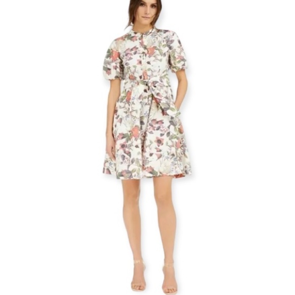 INC Macy’s NWT Petite Medium Floral Cotton Dress Cream Color Belted